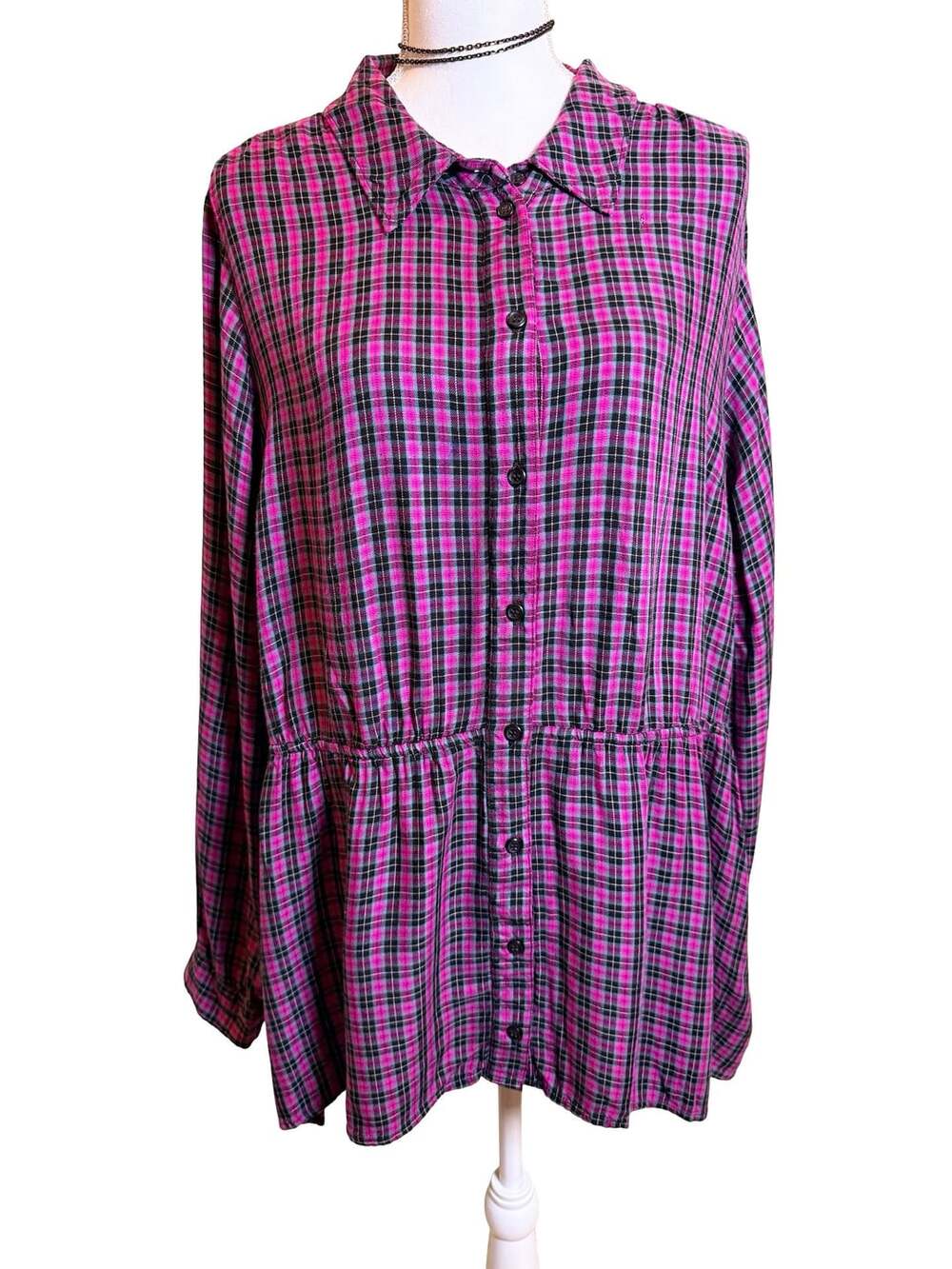 Lane Bryant Plus Pink & Black Plaid Button-Front Tunic Shirt Size 22